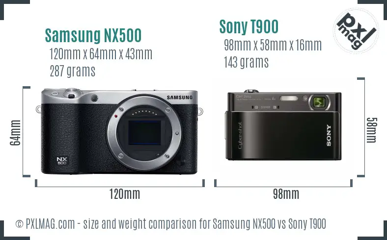 Samsung NX500 vs Sony T900 size comparison