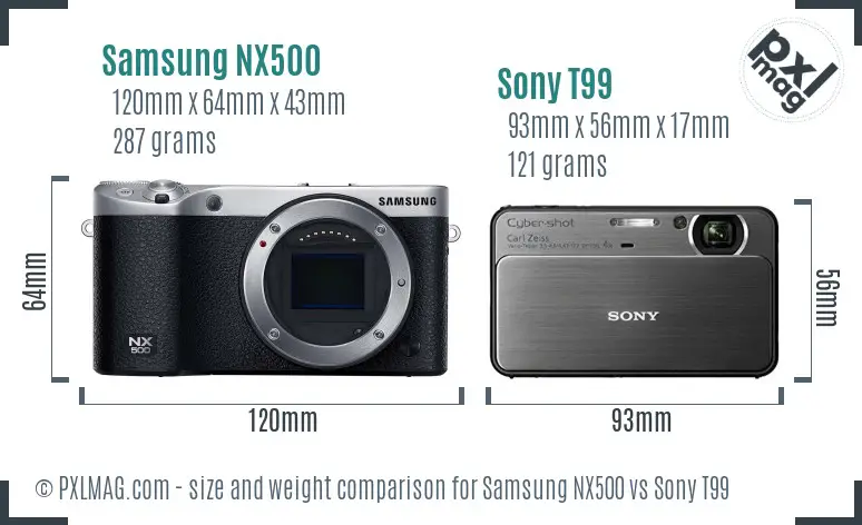 Samsung NX500 vs Sony T99 size comparison