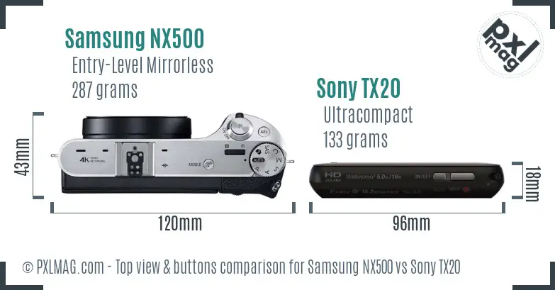 Samsung NX500 vs Sony TX20 top view buttons comparison