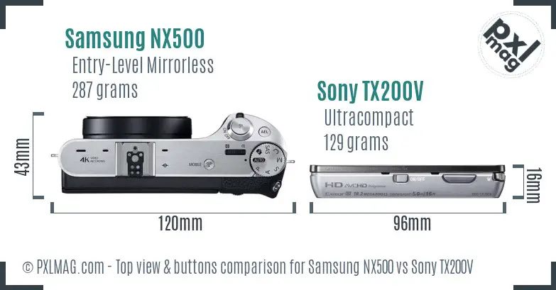 Samsung NX500 vs Sony TX200V top view buttons comparison