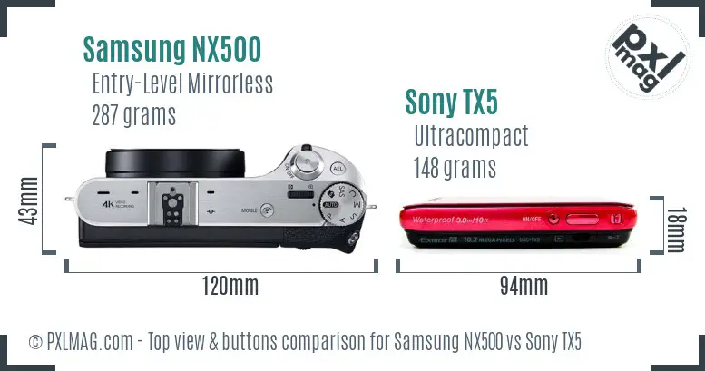 Samsung NX500 vs Sony TX5 top view buttons comparison