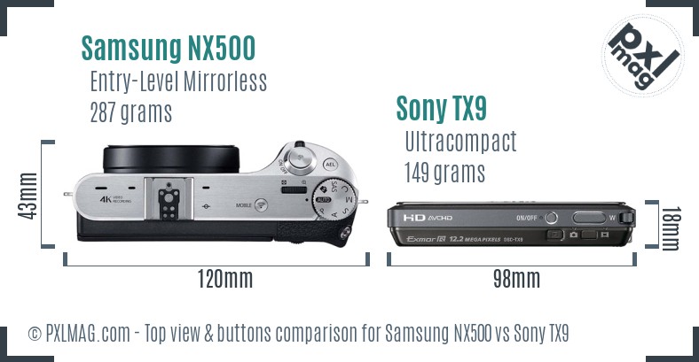 Samsung NX500 vs Sony TX9 top view buttons comparison