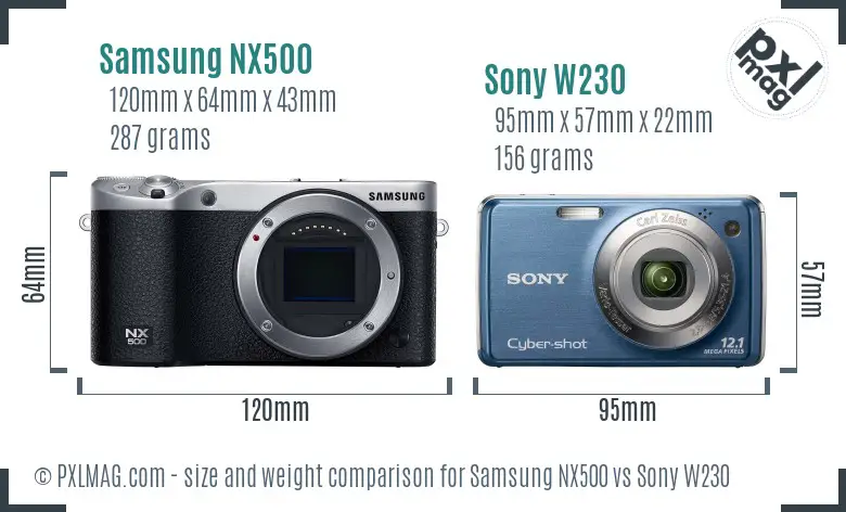Samsung NX500 vs Sony W230 size comparison