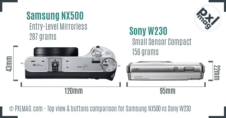 Samsung NX500 vs Sony W230 top view buttons comparison