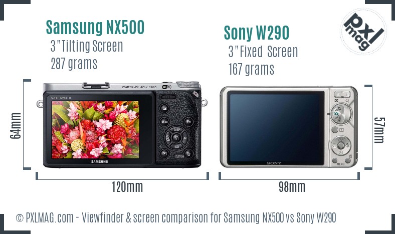 Samsung NX500 vs Sony W290 Screen and Viewfinder comparison