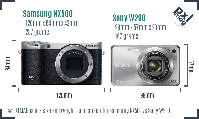 Samsung NX500 vs Sony W290 size comparison