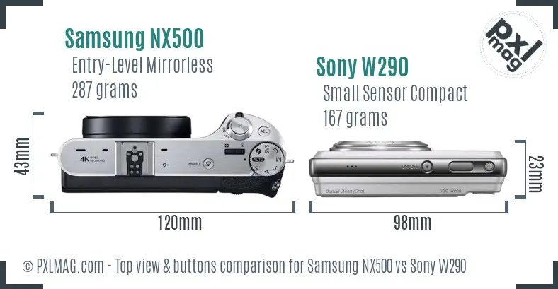 Samsung NX500 vs Sony W290 top view buttons comparison