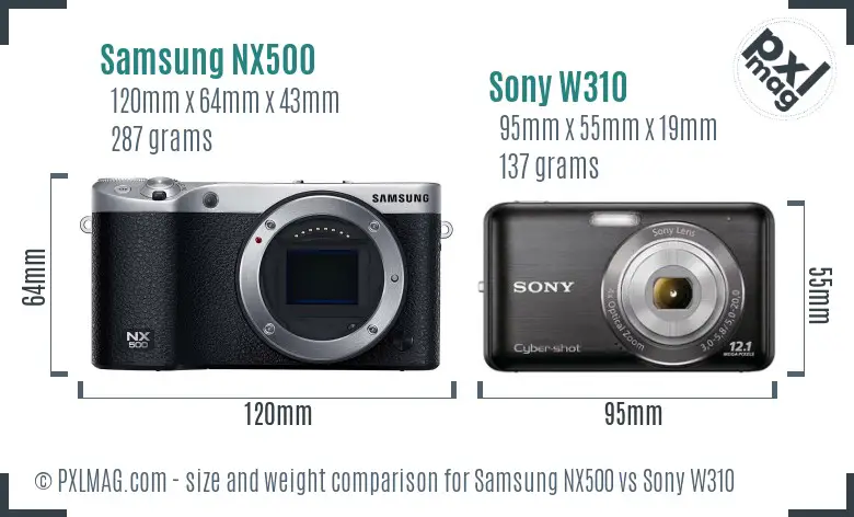 Samsung NX500 vs Sony W310 size comparison