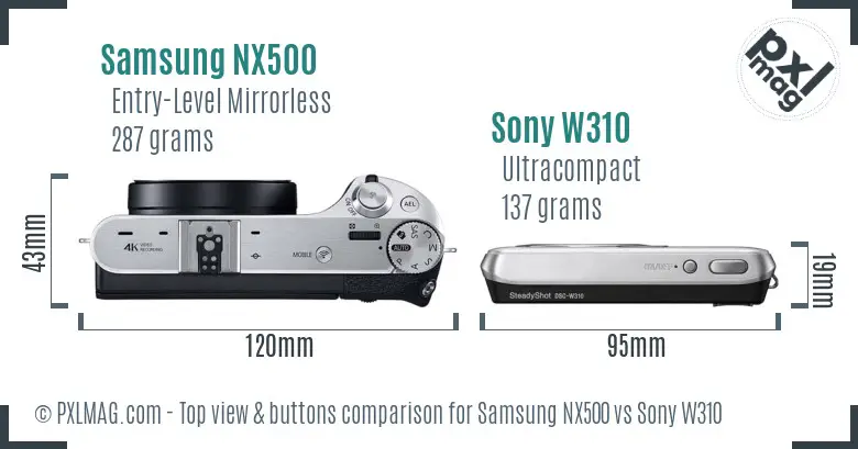 Samsung NX500 vs Sony W310 top view buttons comparison