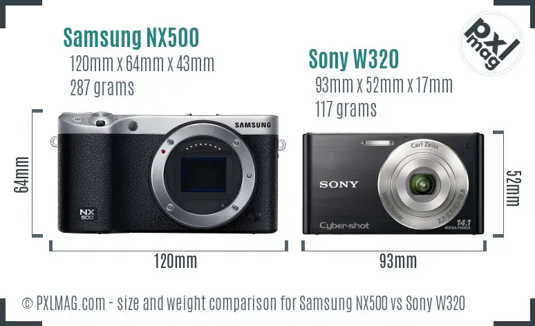 Samsung NX500 vs Sony W320 size comparison