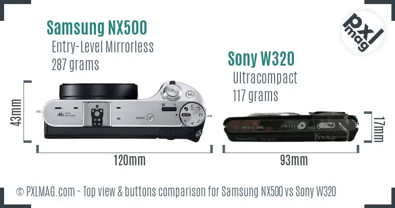 Samsung NX500 vs Sony W320 top view buttons comparison
