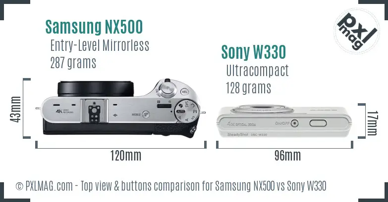 Samsung NX500 vs Sony W330 top view buttons comparison