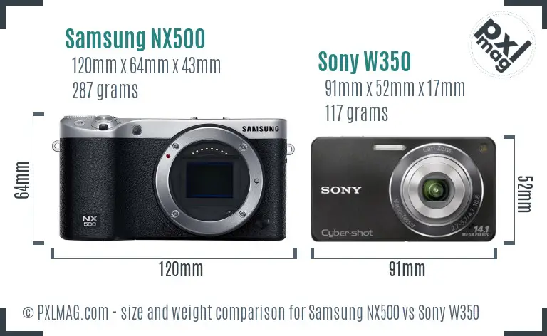 Samsung NX500 vs Sony W350 size comparison