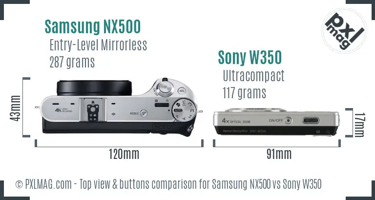 Samsung NX500 vs Sony W350 top view buttons comparison