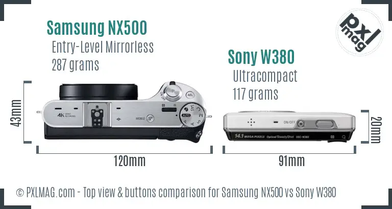 Samsung NX500 vs Sony W380 top view buttons comparison