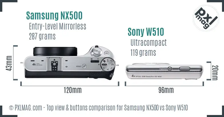 Samsung NX500 vs Sony W510 top view buttons comparison