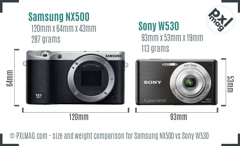 Samsung NX500 vs Sony W530 size comparison