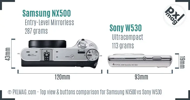 Samsung NX500 vs Sony W530 top view buttons comparison