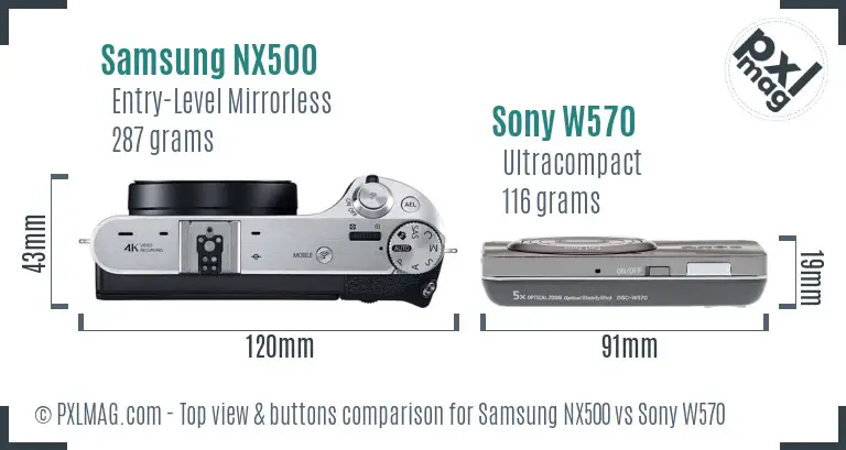 Samsung NX500 vs Sony W570 top view buttons comparison