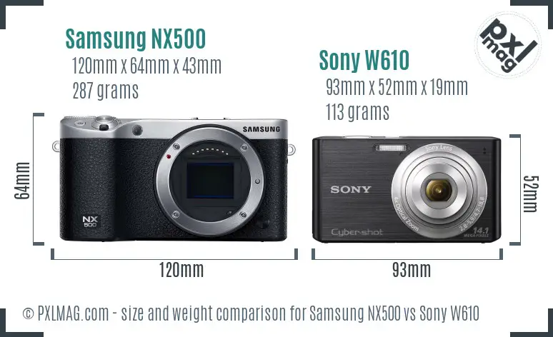 Samsung NX500 vs Sony W610 size comparison