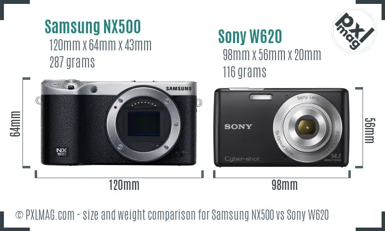 Samsung NX500 vs Sony W620 size comparison
