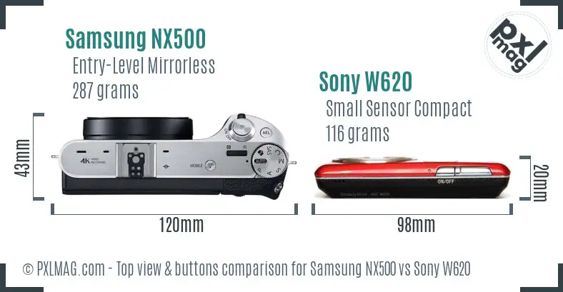 Samsung NX500 vs Sony W620 top view buttons comparison