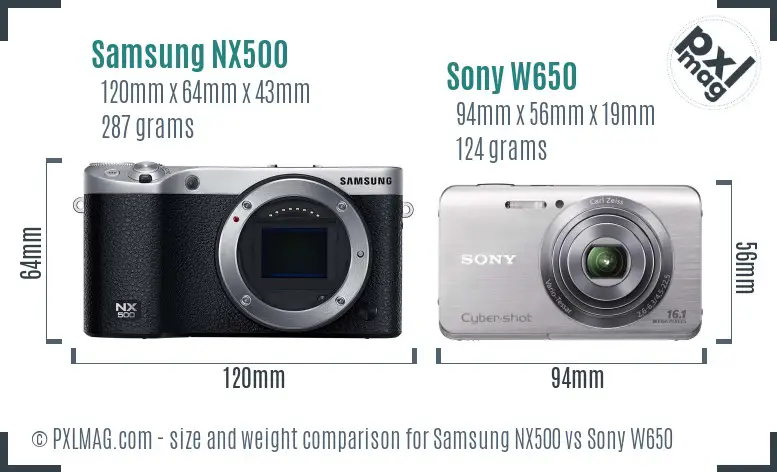 Samsung NX500 vs Sony W650 size comparison