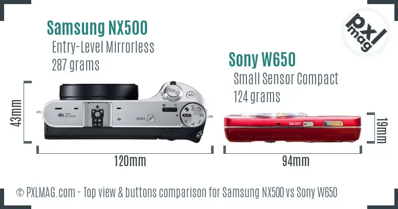 Samsung NX500 vs Sony W650 top view buttons comparison
