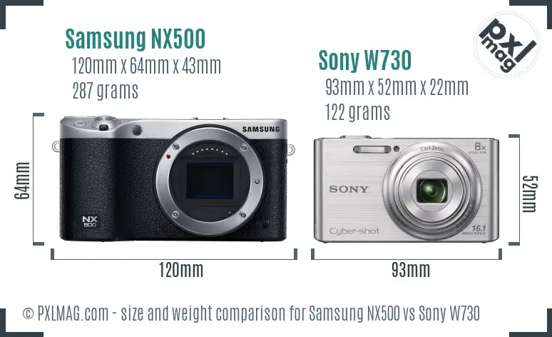 Samsung NX500 vs Sony W730 size comparison