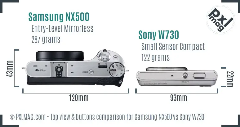 Samsung NX500 vs Sony W730 top view buttons comparison