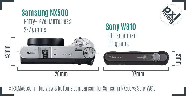 Samsung NX500 vs Sony W810 top view buttons comparison