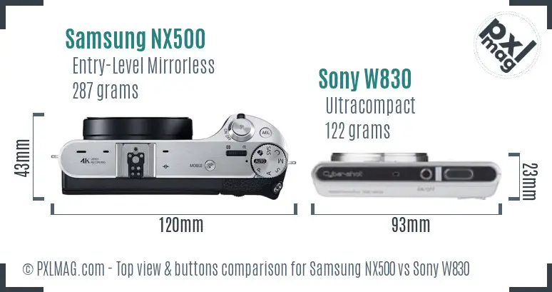 Samsung NX500 vs Sony W830 top view buttons comparison