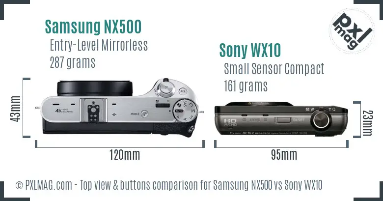 Samsung NX500 vs Sony WX10 top view buttons comparison