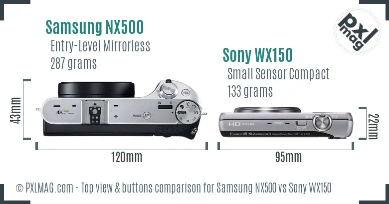Samsung NX500 vs Sony WX150 top view buttons comparison