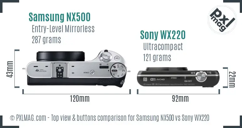 Samsung NX500 vs Sony WX220 top view buttons comparison