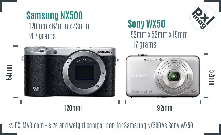 Samsung NX500 vs Sony WX50 size comparison