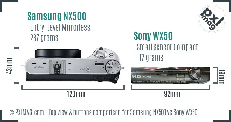 Samsung NX500 vs Sony WX50 top view buttons comparison
