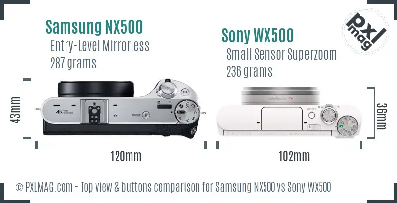Samsung NX500 vs Sony WX500 top view buttons comparison