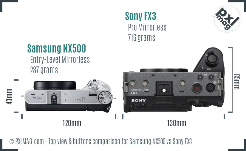 Samsung NX500 vs Sony FX3 top view buttons comparison