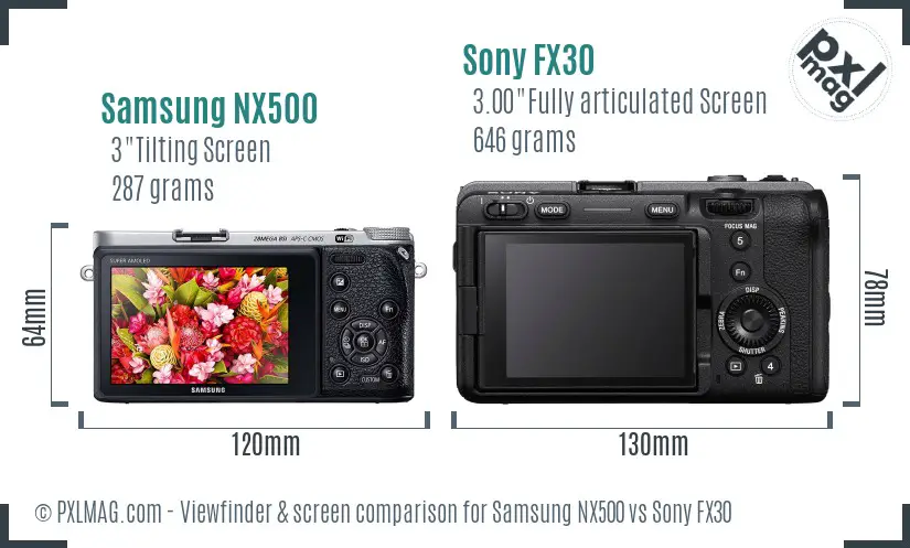 Samsung NX500 vs Sony FX30 Screen and Viewfinder comparison
