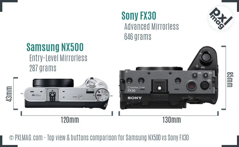 Samsung NX500 vs Sony FX30 top view buttons comparison