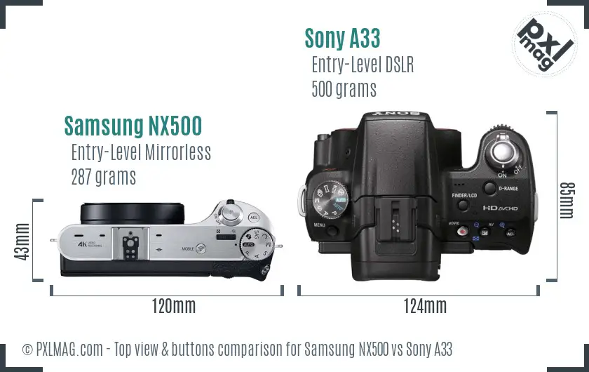 Samsung NX500 vs Sony A33 top view buttons comparison