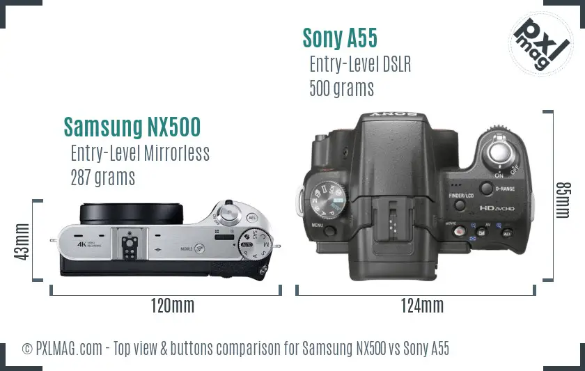 Samsung NX500 vs Sony A55 top view buttons comparison