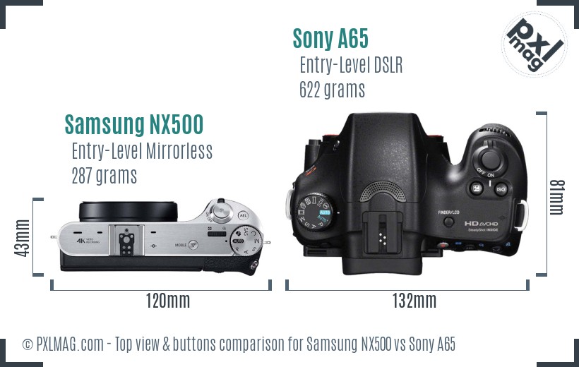 Samsung NX500 vs Sony A65 top view buttons comparison