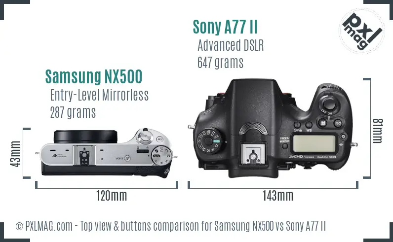 Samsung NX500 vs Sony A77 II top view buttons comparison