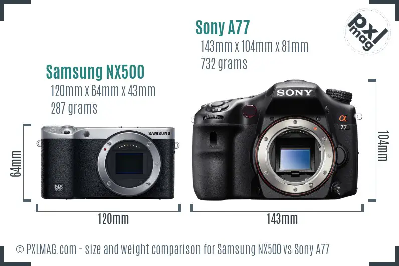 Samsung NX500 vs Sony A77 size comparison