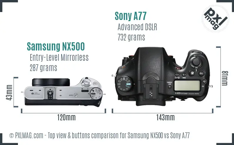 Samsung NX500 vs Sony A77 top view buttons comparison