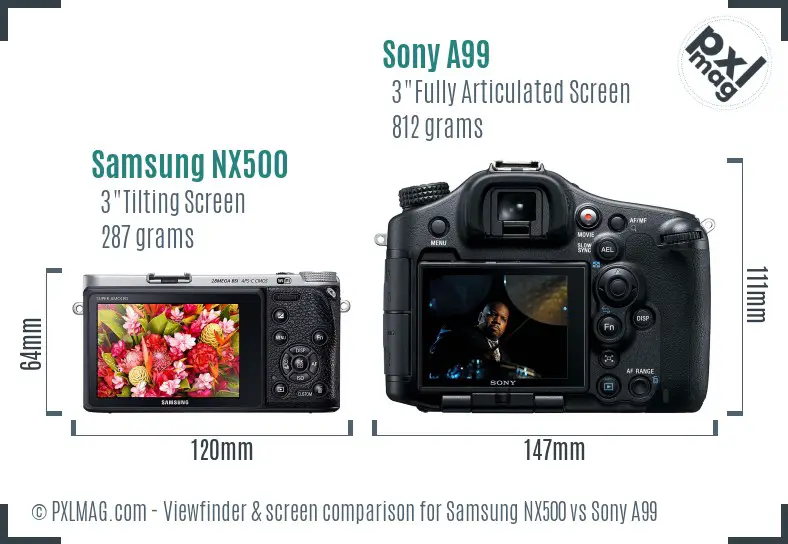 Samsung NX500 vs Sony A99 Screen and Viewfinder comparison