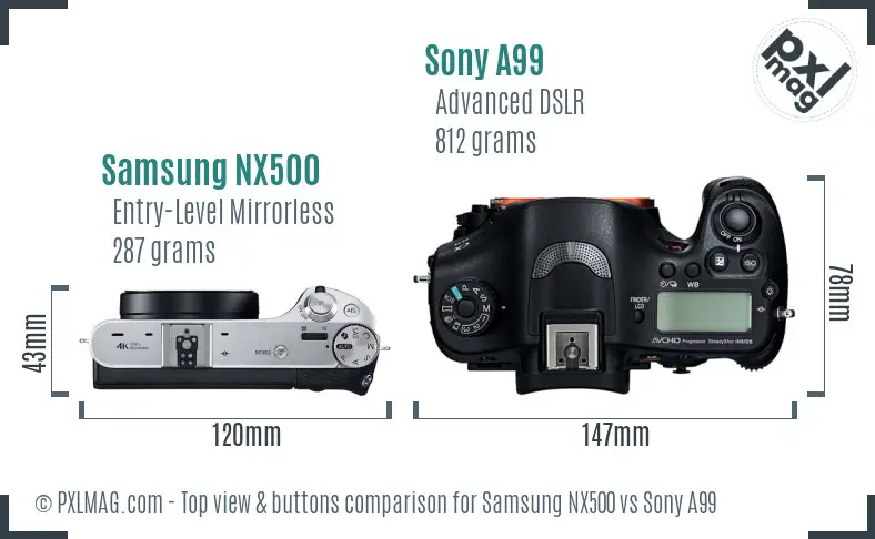 Samsung NX500 vs Sony A99 top view buttons comparison