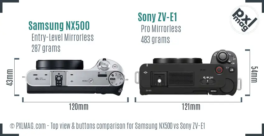 Samsung NX500 vs Sony ZV-E1 top view buttons comparison Samsung NX500 vs Sony ZV-E1 top view buttons comparison